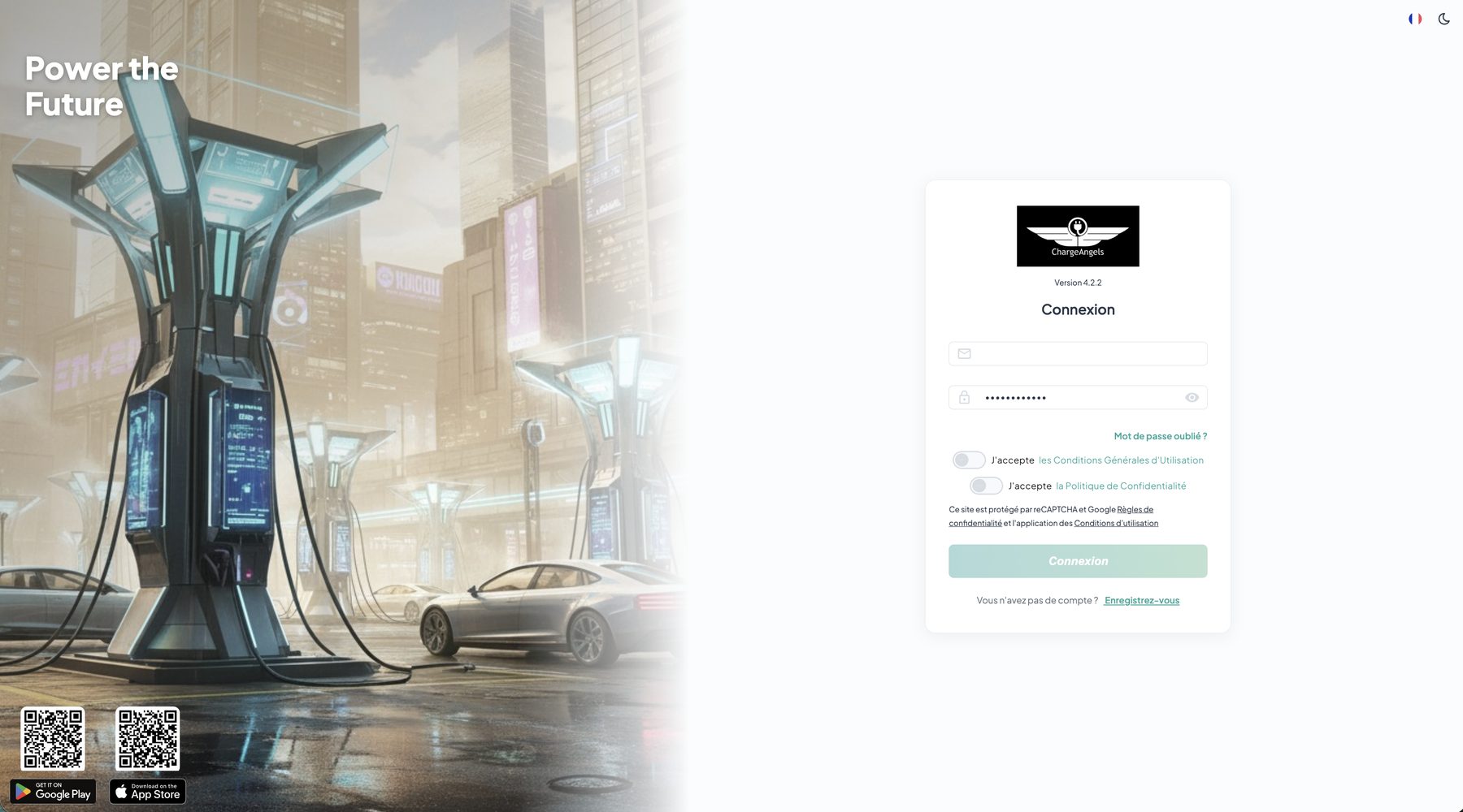 Login screen of the ChargeAngels platform (interface in French), with a charging-station illustration and the mobile app QR codes