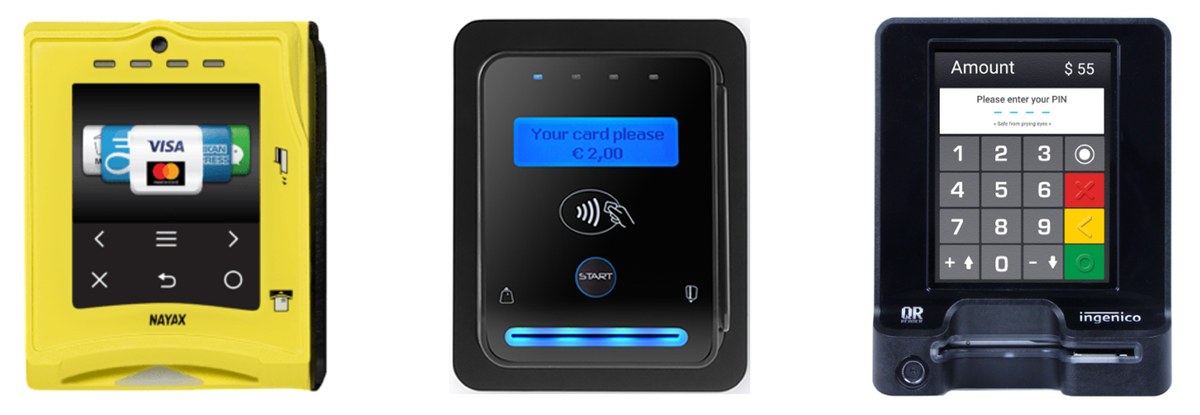 Three examples of payment terminals integrated into EV chargers, including a Nayax model and an Ingenico model