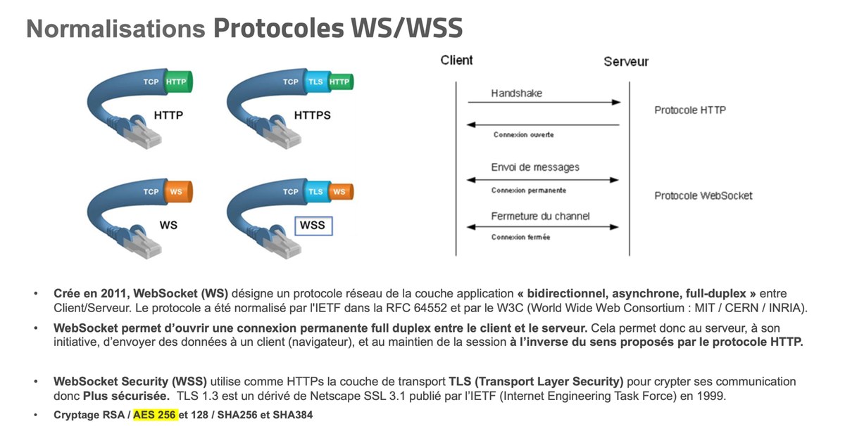 Standardisation of the HTTP, HTTPS, WS and WSS protocols: HTTP handshake followed by a permanent WebSocket connection